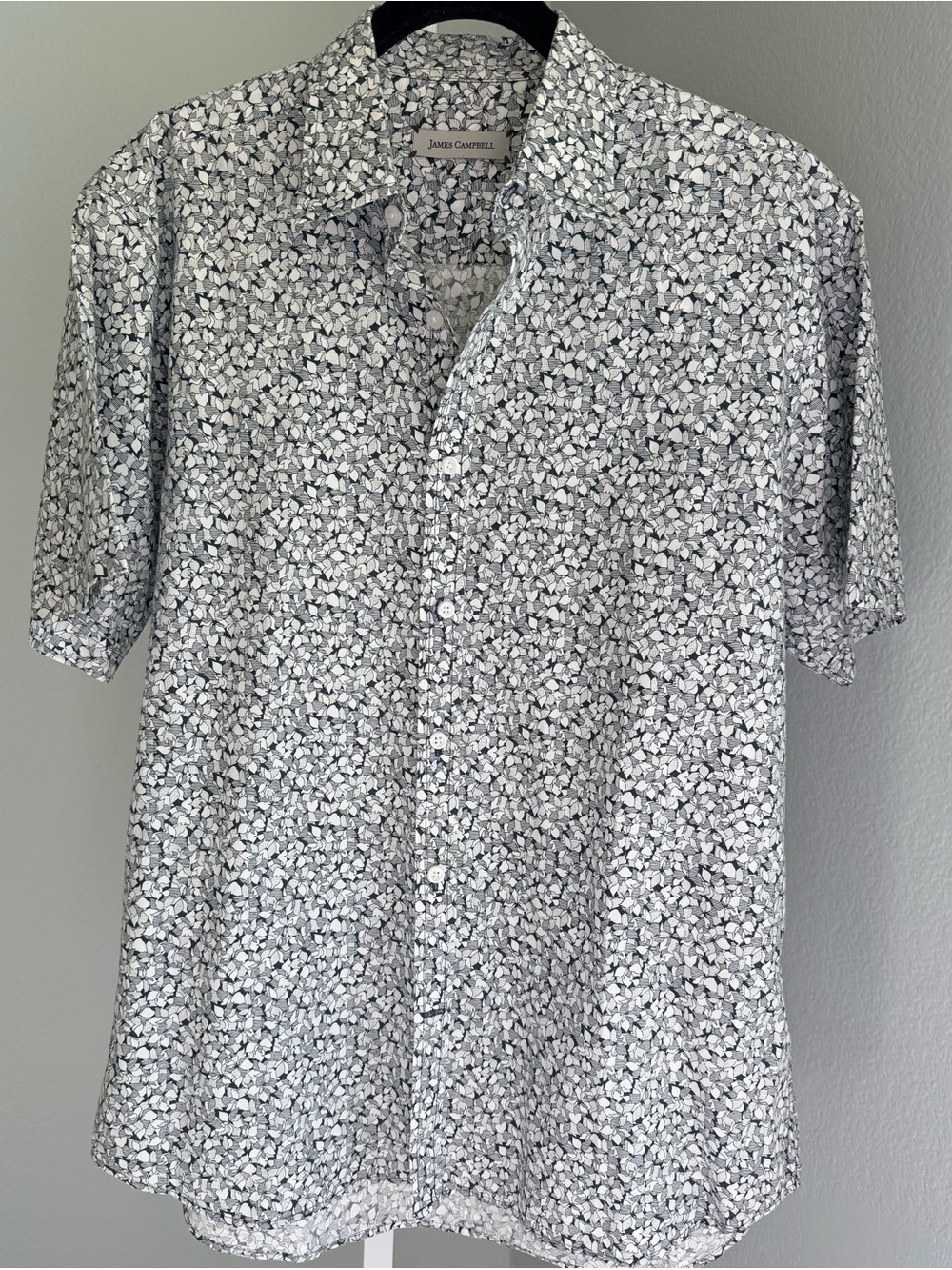 James Campbell Mens Black/White Short Sleeve Button Down Cotton Shirt - Large